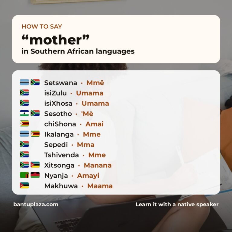 Bantu Plaza word card: how to say mother in 11 Southern African languages