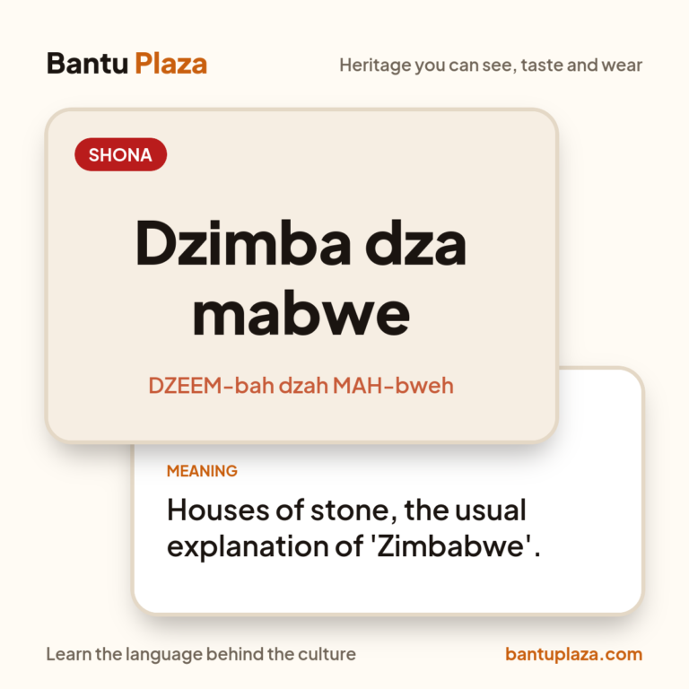 Shona flash card: Dzimba dza mabwe. Meaning: Houses of stone, the usual explanation of 'Zimbabwe'.