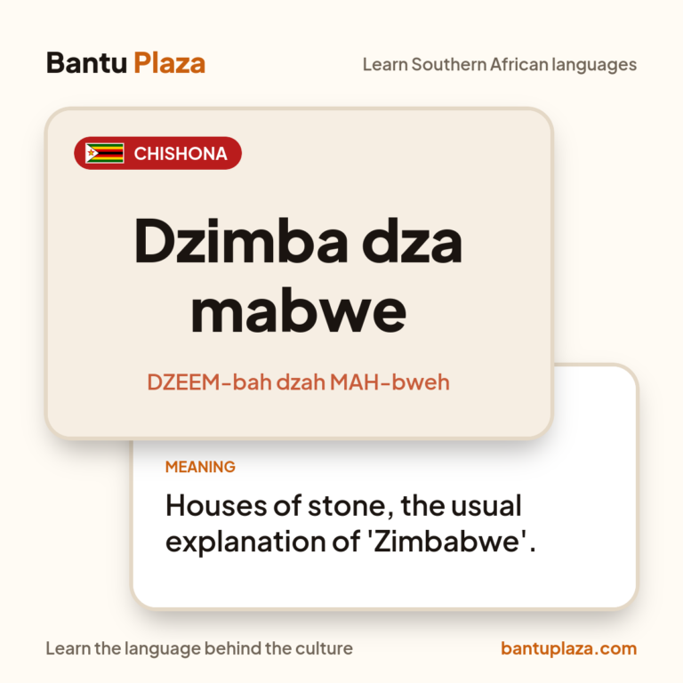 chiShona flash card: Dzimba dza mabwe. Meaning: Houses of stone, the usual explanation of 'Zimbabwe'.