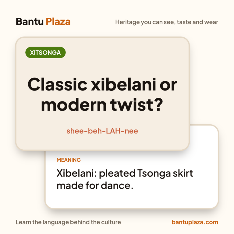 Xitsonga flash card: Classic xibelani or modern twist?. Meaning: Xibelani: pleated Tsonga skirt made for dance.