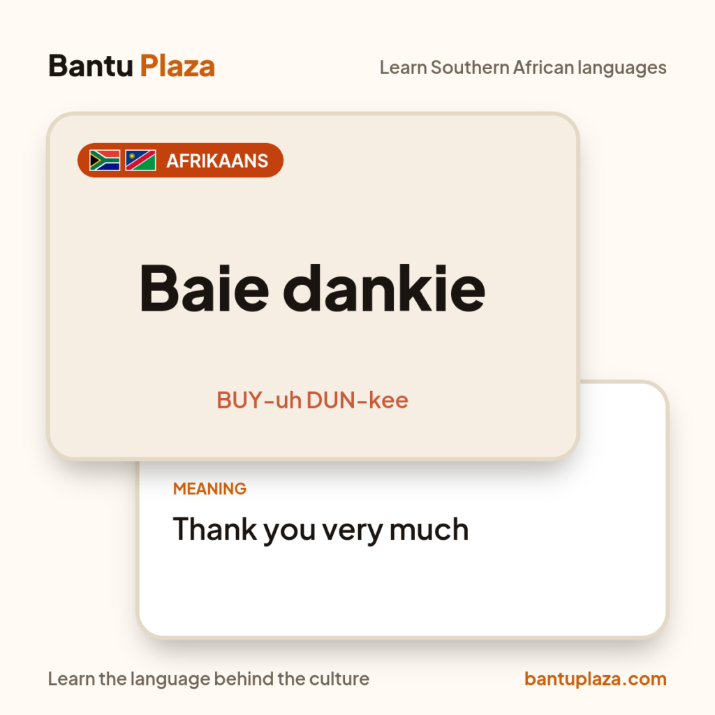 Afrikaans flash card: Baie dankie. Meaning: Thank you very much