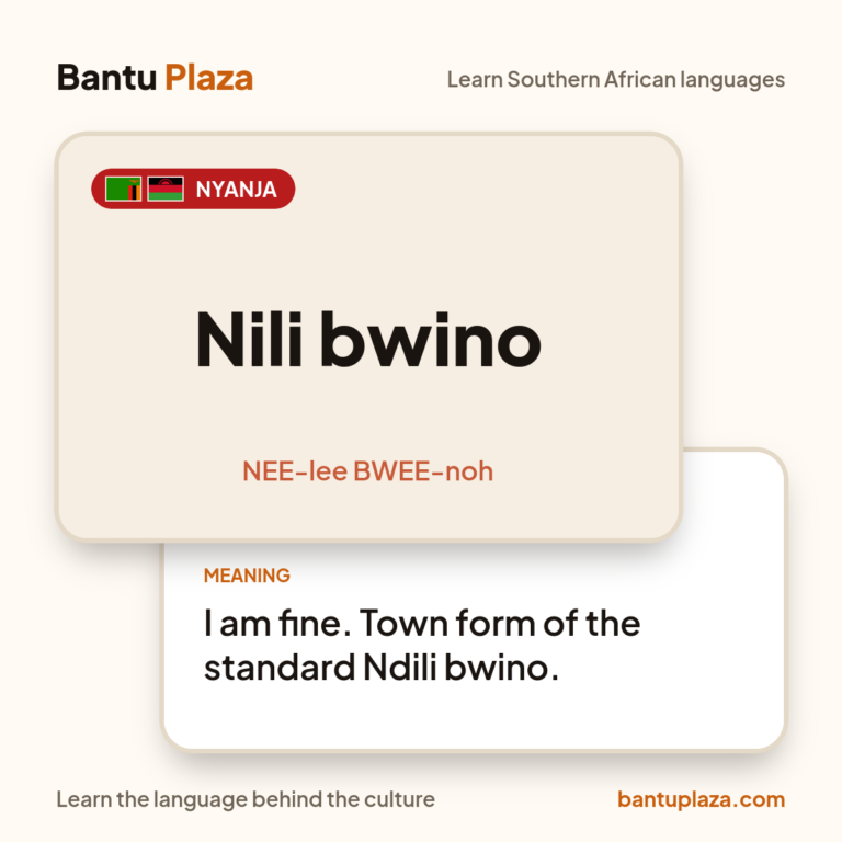 Nyanja flash card: Nili bwino. Meaning: I am fine. Town form of the standard Ndili bwino.